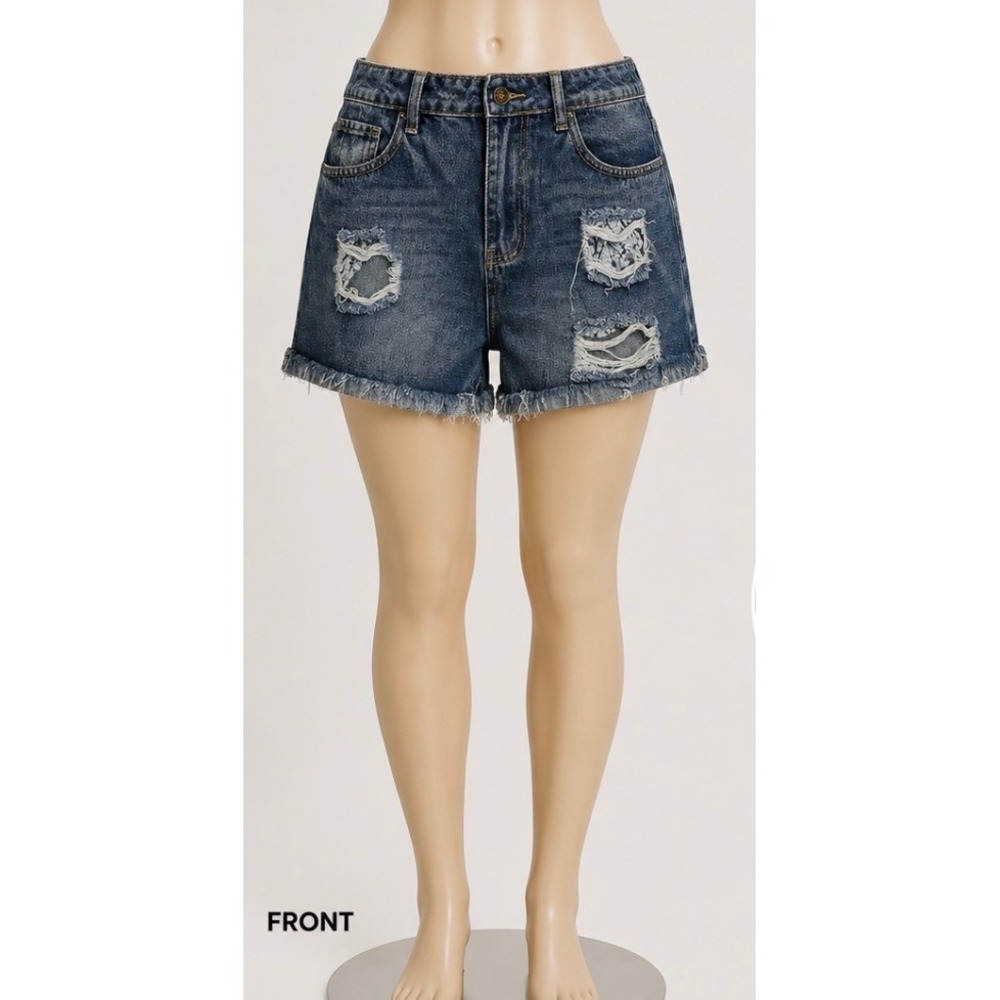 SHEIN Women Distressed Denim Shorts Dark Wash Ripped Frayed Hem Size 30